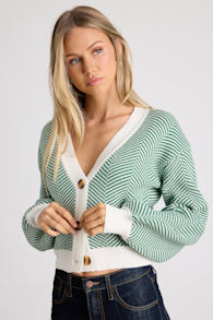 Here Comes a Holiday Green and White Striped Button-Up Cardigan 1