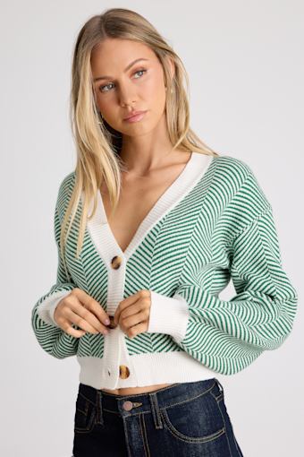 Here Comes a Holiday Green and White Striped Button-Up Cardigan 1