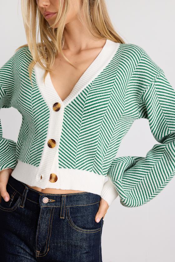 Here Comes a Holiday Green and White Striped Button-Up Cardigan 2