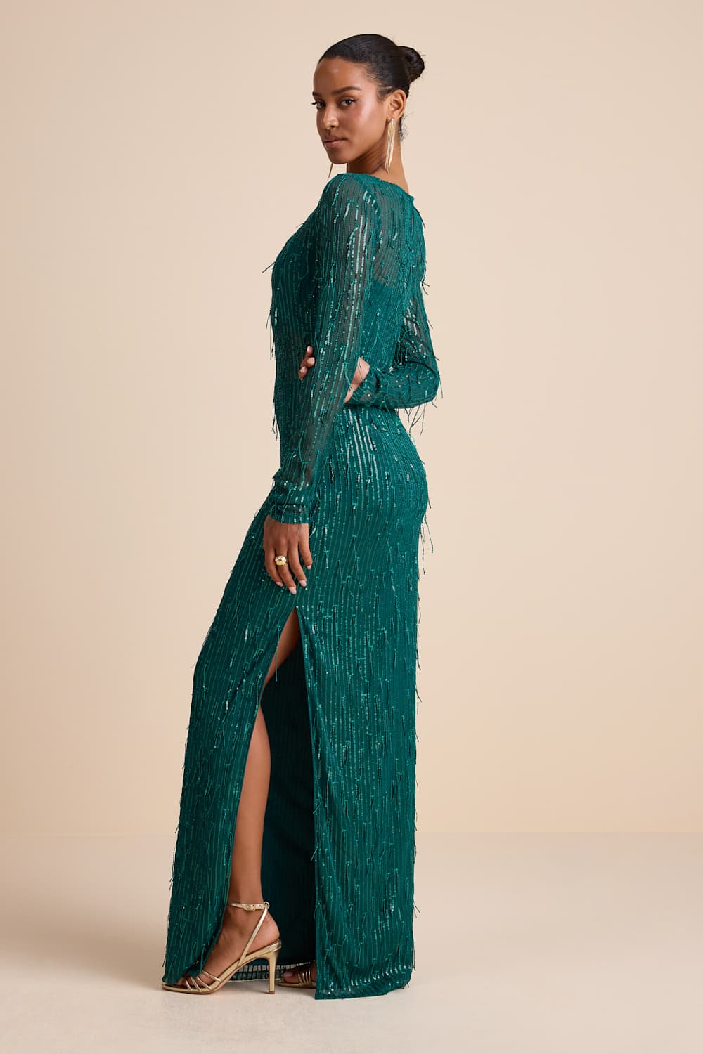 Sheer Fascination Emerald Sheer Mesh Sequin Fringe Maxi Dress