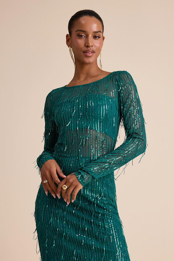 Sheer Fascination Emerald Sheer Mesh Sequin Fringe Maxi Dress 6