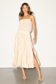 Sophisticated Vision Champagne Satin Pleated Midi Skirt 1