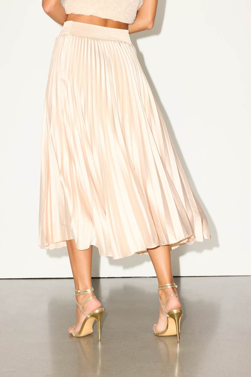 Sophisticated Vision Champagne Satin Pleated Midi Skirt