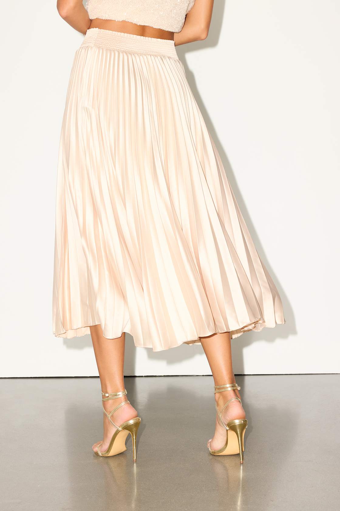 Sophisticated Vision Champagne Satin Pleated Midi Skirt