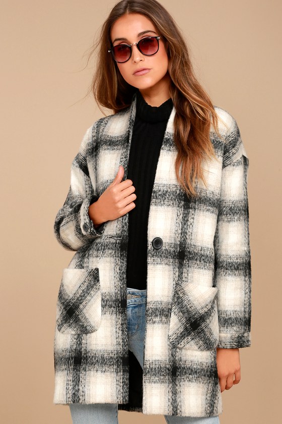 Chic Black and Beige Plaid Coat - Oversized Coat - Wool Coat - Lulus