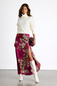 Superbly Stunning Fuchsia Floral Print Satin Maxi Skirt 1