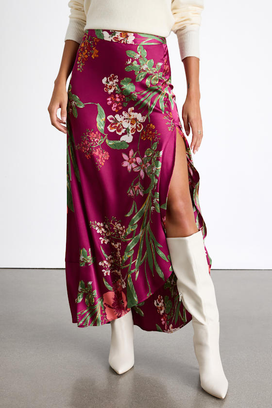 Superbly Stunning Fuchsia Floral Print Satin Maxi Skirt 2
