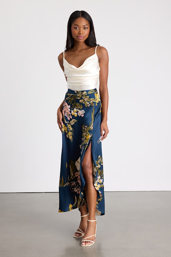 Navy Floral Print Skirt - Satin Maxi Skirt - Maxi Skirt - Lulus
