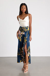 Superbly Stunning Navy Floral Print Satin Maxi Skirt 2
