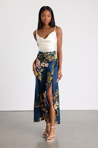 Superbly Stunning Navy Floral Print Satin Maxi Skirt 2