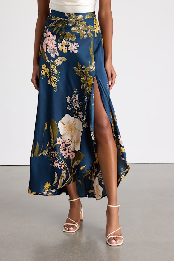 Superbly Stunning Navy Floral Print Satin Maxi Skirt 3
