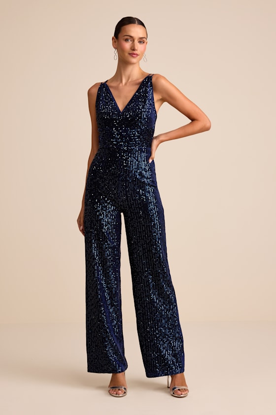 Sensational Energy Navy Velvet Sequin Backless Jumpsuit