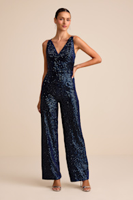 Sensational Energy Navy Velvet Sequin Backless Jumpsuit 1