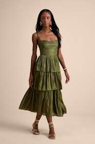 Tennon Olive Green Plisse Tiered Midi Dress 1