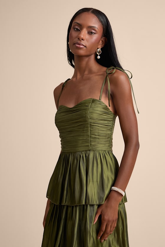 Tennon Olive Green Plisse Tiered Midi Dress - thumbnail 2