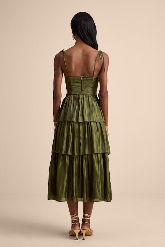 Tennon Olive Green Plisse Tiered Midi Dress - thumbnail 3