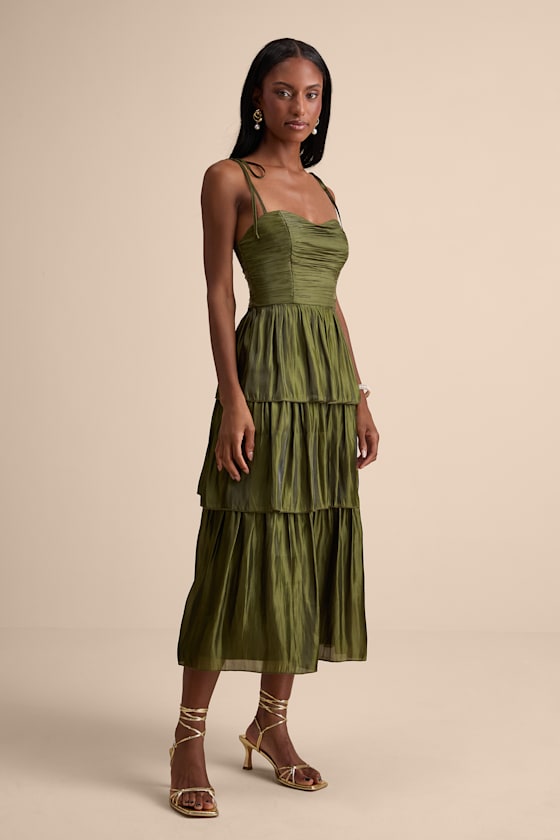 Tennon Olive Green Plisse Tiered Midi Dress - thumbnail 4