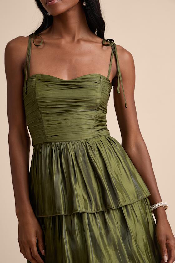 Tennon Olive Green Plisse Tiered Midi Dress - thumbnail 5