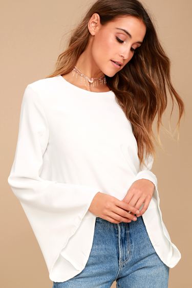 Chic Bell Sleeve Top White Top Office Wear Lulus