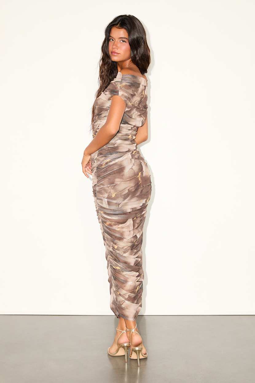 Sunama Taupe Abstract Mesh Ruched Bodycon Midi Dress