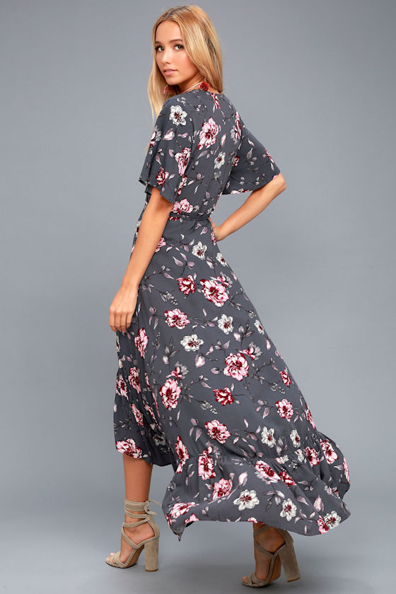 On The Road Faye Grey Floral Print High-Low Wrap Dress 2