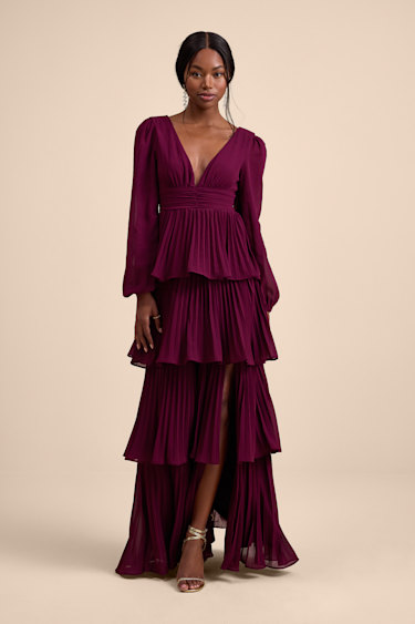 Lulus | Purple Graceful Finesse Plum Pleated Long Sleeve Maxi Dress | Womens | X-Small (Available in XXS, S, M)