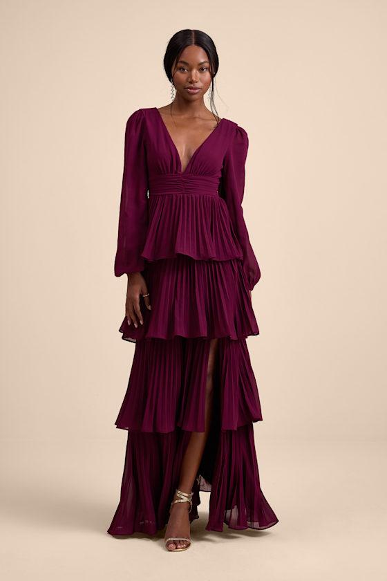 Graceful Finesse Plum Pleated Long Sleeve Maxi Dress 1