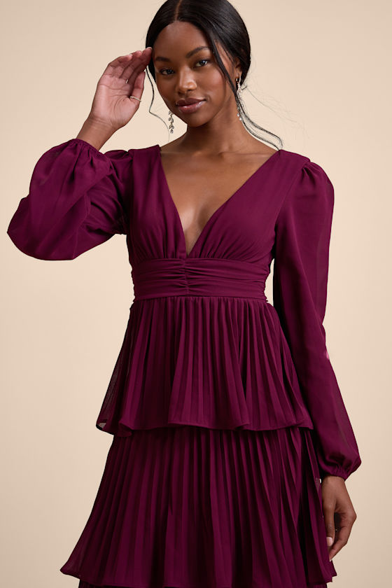 Graceful Finesse Plum Pleated Long Sleeve Maxi Dress 2