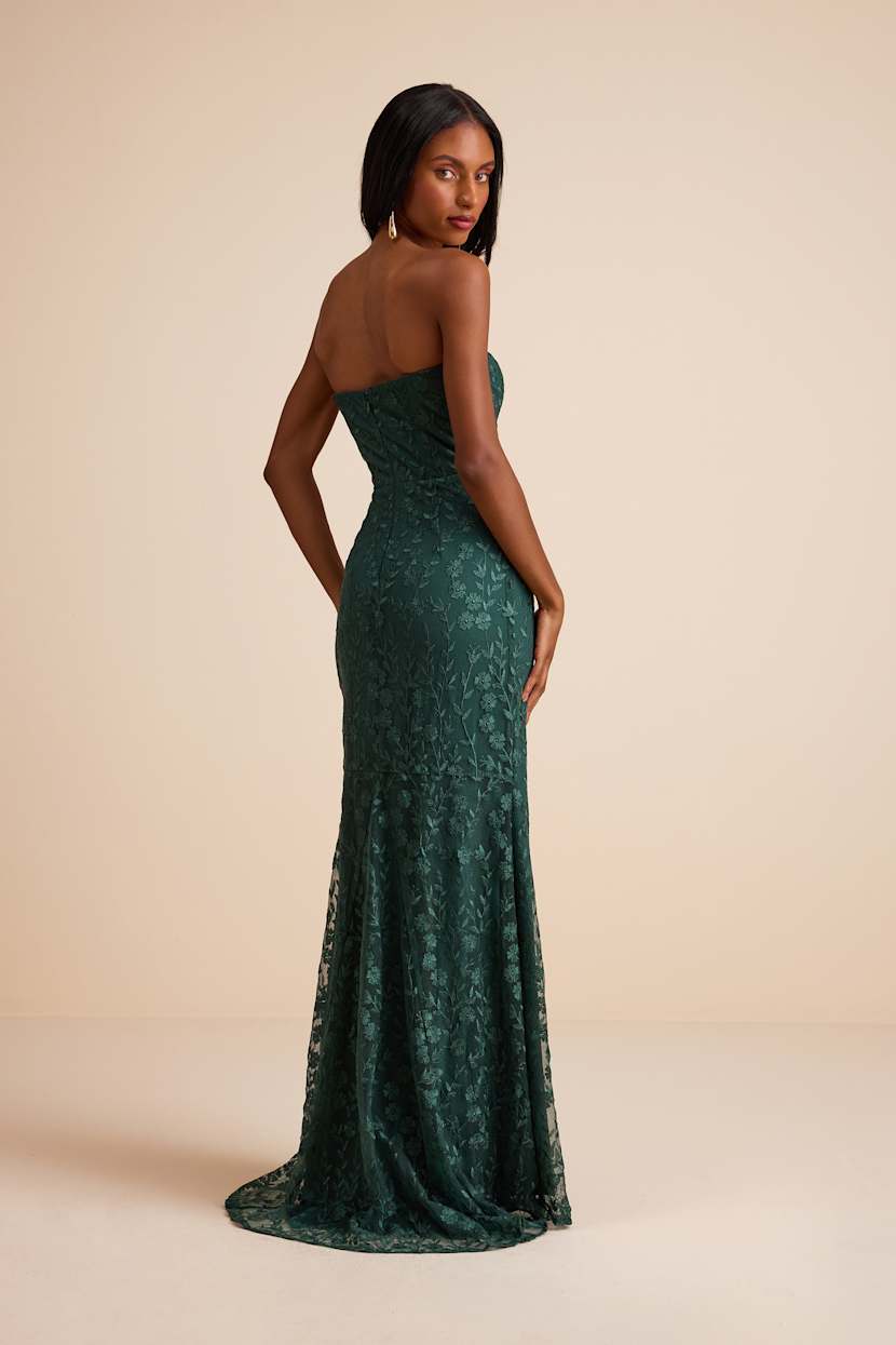 Romantic Beauty Green Floral Embroidered Strapless Maxi Dress