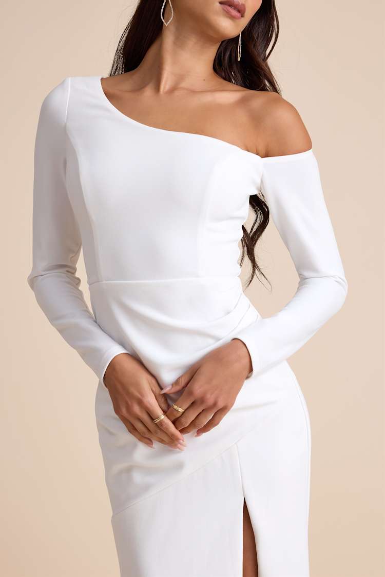 Elegant Sensation White Asymmetrical Pleated Maxi Dress