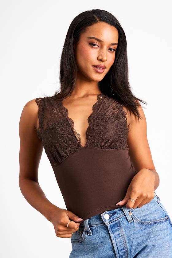 Brown Lace Tank Top - Stretch-Knit Tank Top - V-Neck Tank Top - Lulus