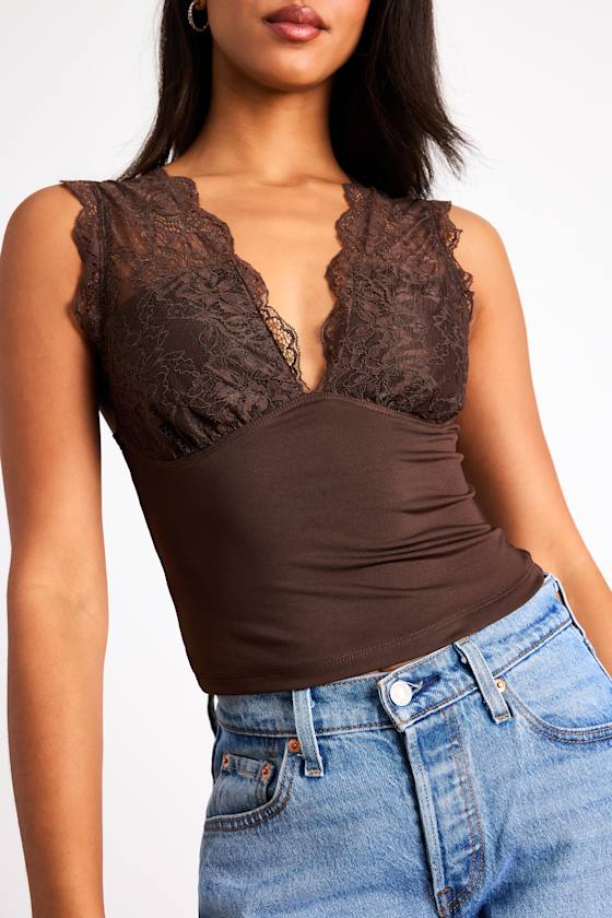 Tazia Brown Lace Knit V-Neck Tank Top 2