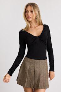 Firona Black Jersey Knit Twist-Front Long Sleeve Top 1