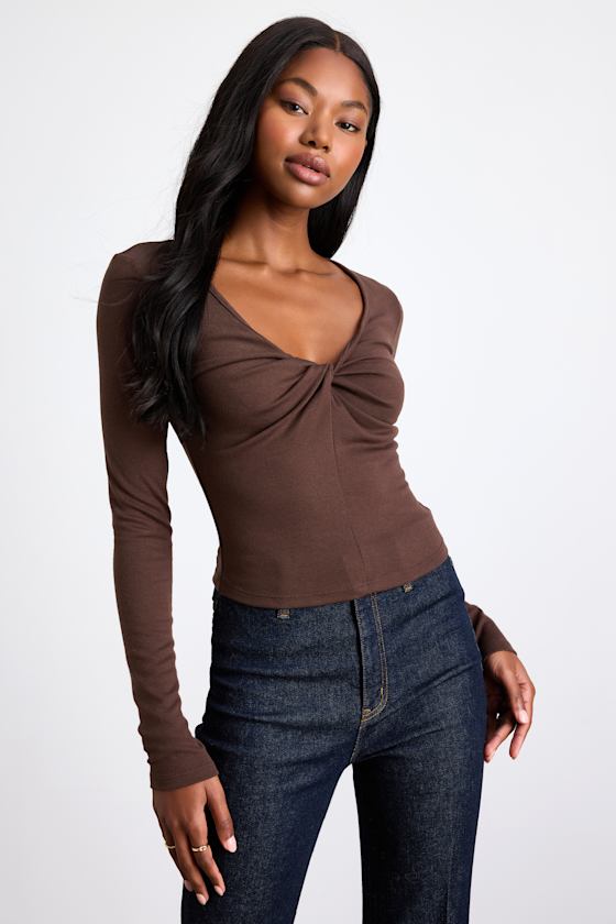 Firona Brown Jersey Knit Twist-Front Long Sleeve Top 1