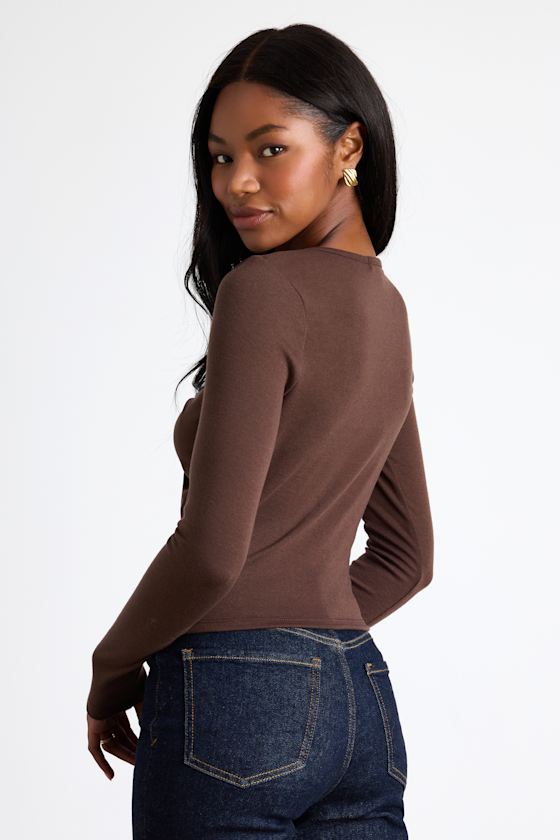 Brown Jersey Knit Top - Long Sleeve Top - Twist-Front Top - Lulus