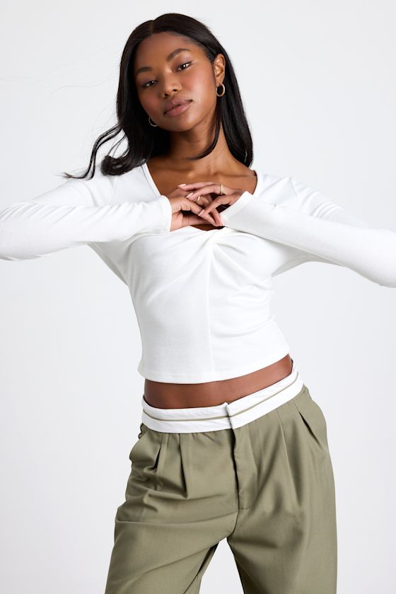 Firona Ivory Jersey Knit Twist-Front Long Sleeve Top 1