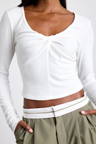 Firona Ivory Jersey Knit Twist-Front Long Sleeve Top 5