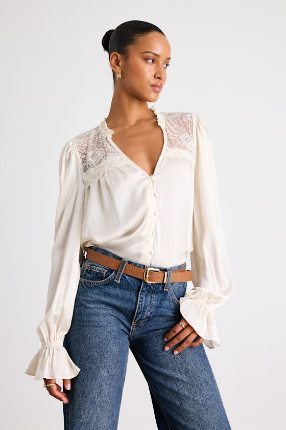 Ivory Textured Top - Lace Button-Front Top - Long Sleeve Top - Lulus
