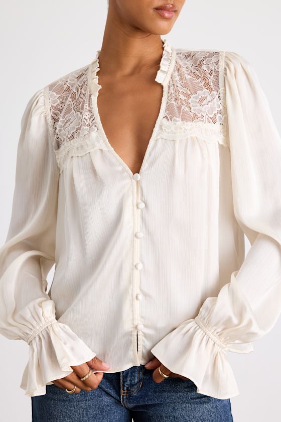 Ivory Textured Top - Lace Button-Front Top - Long Sleeve Top - Image 2