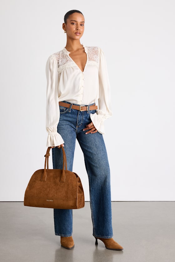 Ivory Textured Top - Lace Button-Front Top - Long Sleeve Top - Image 4