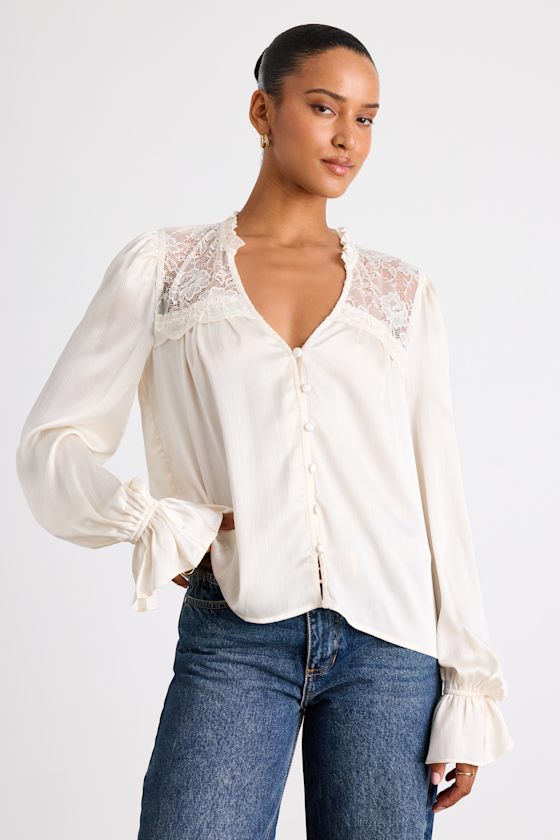 Ivory Textured Top - Lace Button-Front Top - Long Sleeve Top - Image 5