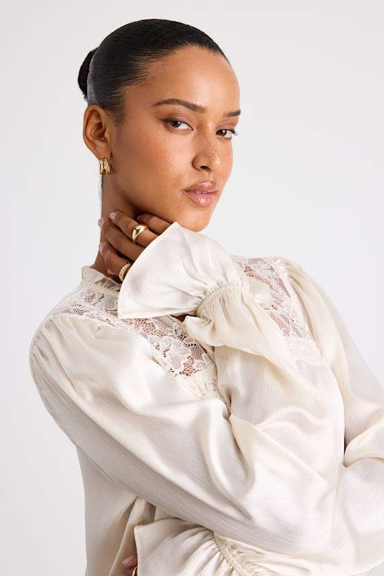 Ivory Textured Top - Lace Button-Front Top - Long Sleeve Top - Image 6