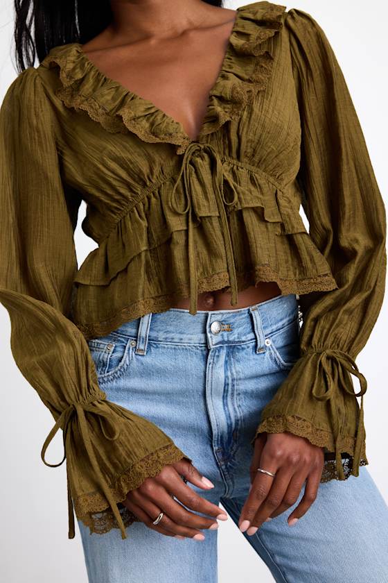 Avora Olive Green Crinkled Long Sleeve Tie-Front Top 2