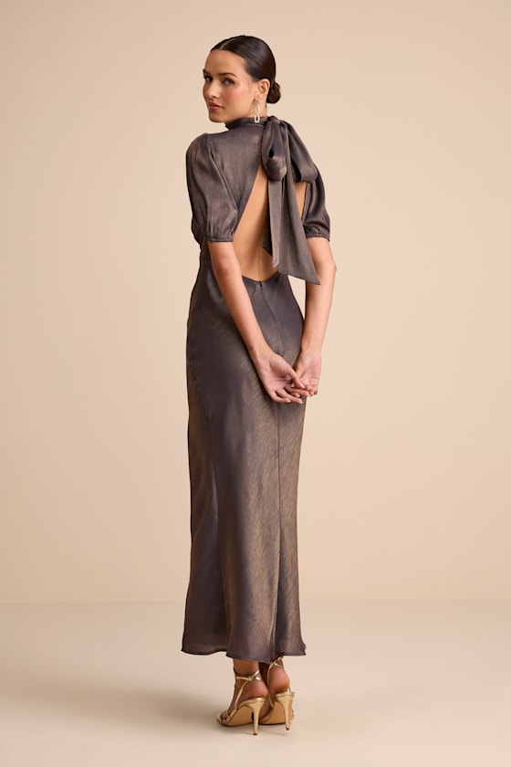 Lulus Talira Dark Taupe Satin Lurex Mock Neck Cutout Maxi Dress In Blue