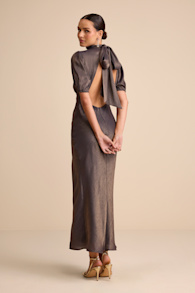Talira Dark Taupe Satin Lurex Mock Neck Cutout Maxi Dress 4