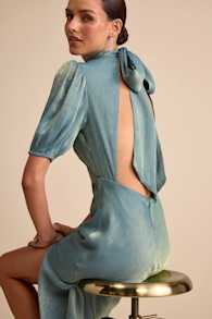 Talira Light Blue Satin Lurex Mock Neck Cutout Maxi Dress 1