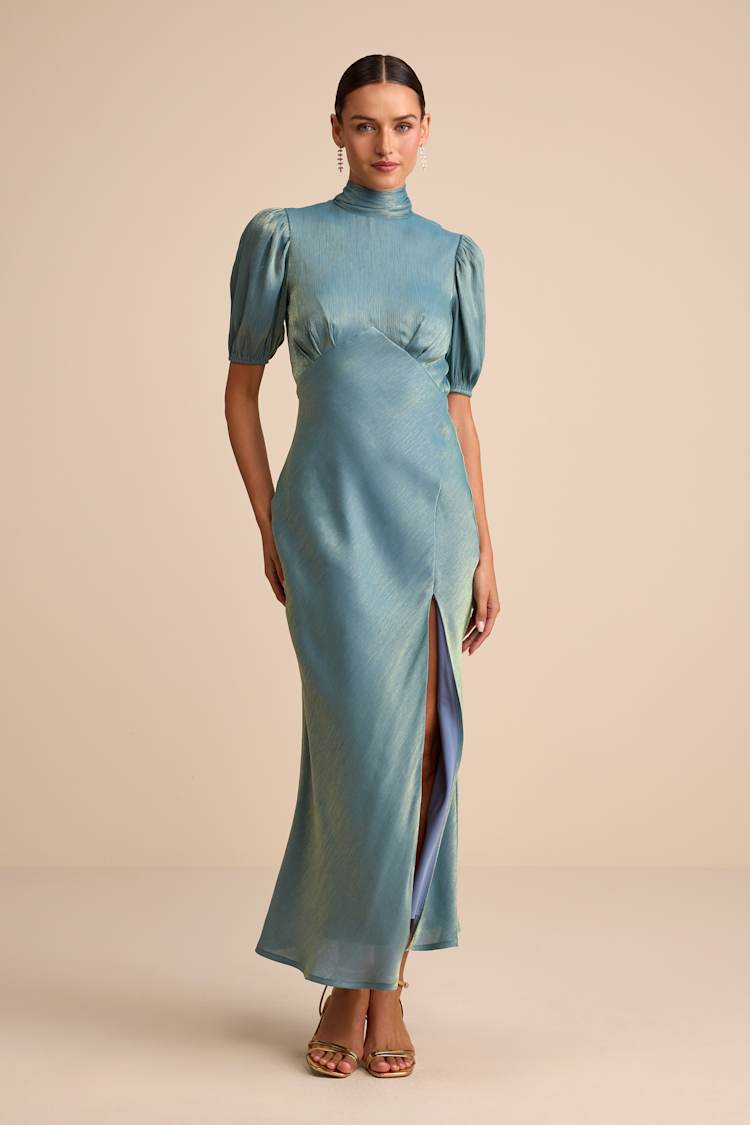 Talira Light Blue Satin Lurex Mock Neck Cutout Maxi Dress
