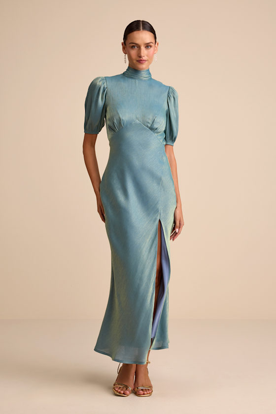 Talira Light Blue Satin Lurex Mock Neck Cutout Maxi Dress 2