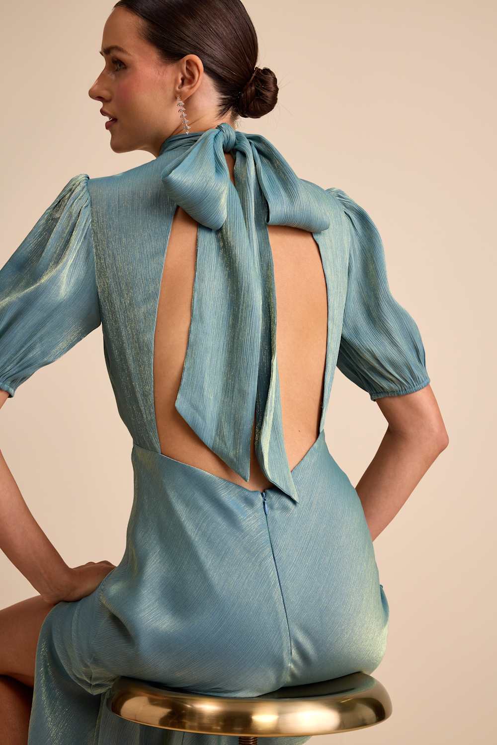 Talira Light Blue Satin Lurex Mock Neck Cutout Maxi Dress