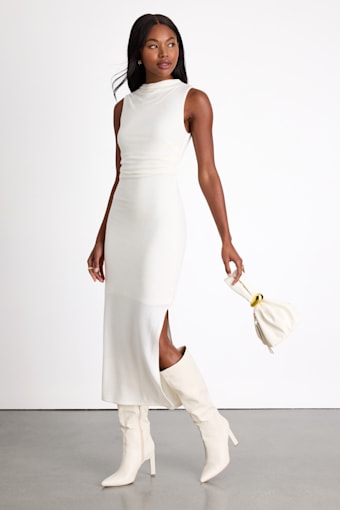 Zephine Ivory Pleated Sleeveless Sweater Midi Dress 1